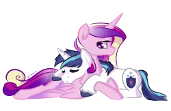 Size: 2000x1300 | Tagged: artist:vpshka, cuddling, derpibooru import, eyes closed, princess cadance, prone, safe, shining armor, simple background, sleeping, snuggling, transparent background