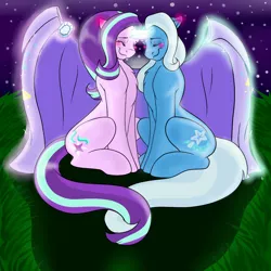 Size: 1024x1024 | Tagged: safe, artist:sparkle-the-cat-13, derpibooru import, starlight glimmer, trixie, pony, unicorn, no second prances, blushing, chest fluff, eyes closed, female, horns are touching, lesbian, magic, mare, shipping, sitting, stars, startrix, telekinesis