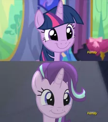 Size: 1008x1130 | Tagged: safe, derpibooru import, screencap, starlight glimmer, twilight sparkle, twilight sparkle (alicorn), alicorn, pony, unicorn, no second prances, comparison, counterparts, cute, daaaaaaaaaaaw, discovery family logo, female, glimmerbetes, mare, smiling, twiabetes, twilight's counterparts