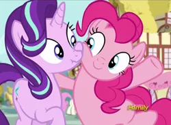 Size: 1038x760 | Tagged: safe, derpibooru import, screencap, pinkie pie, starlight glimmer, earth pony, pony, unicorn, no second prances, c:, cute, diapinkes, discovery family logo, eye contact, female, glimmerbetes, mare, nose wrinkle, nuzzling, scrunchy face, shipping fuel, smiling, squishy cheeks, wide eyes