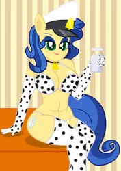 Size: 753x1062 | Tagged: suggestive, artist:mrmaclicious, derpibooru import, oc, oc:milky way, unofficial characters only, anthro, cow, cow pony, equestria girls, bell, bell collar, big breasts, bikini, breasts, cleavage, clothes, collar, cow girl, cowbell, cowprint, crossed legs, evening gloves, female, gloves, milk, milk bottle, sitting, smiling, stockings, swimsuit
