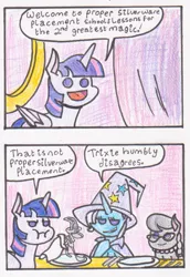 Size: 759x1105 | Tagged: safe, artist:oneovertwo, derpibooru import, silver spoon, trixie, twilight sparkle, twilight sparkle (alicorn), alicorn, pony, no second prances, comic, female, forxie, mare, narcissism, proper silverware placement, sculpture, traditional art
