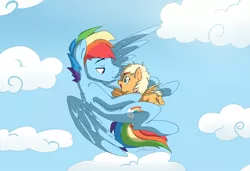 Size: 1990x1361 | Tagged: safe, artist:nolycs, derpibooru import, rainbow dash, oc, oc:cloud burst, pegasus, pony, blitzabetes, cloud, colored wings, colored wingtips, cute, duo, duo male and female, eye contact, father and daughter, filly, flying, foal, happy, hug, lidded eyes, lip bite, looking at each other, male, next generation, offspring, open mouth, parent:applejack, parent:rainbow blitz, parent:rainbow dash, parents:appleblitz (straight), parents:appledash, pouting, rainbow blitz, rule 63, rule63betes, sky, smiling, spread wings, stallion, underhoof, wings