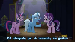 Size: 960x539 | Tagged: safe, derpibooru import, screencap, starlight glimmer, trixie, twilight sparkle, twilight sparkle (alicorn), alicorn, pony, no second prances, counterparts, crying, discovery family logo, female, magical trio, mare, out of context, shipping fuel, spanish, twilight's counterparts