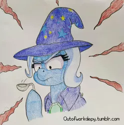 Size: 800x803 | Tagged: safe, artist:outofworkderpy, derpibooru import, trixie, pony, unicorn, no second prances, 30 minute art challenge, cape, clothes, coincidence, cute, epic magic, female, funny, hat, intense stare, magic, magic trick, mare, solo, spoon, spoon bending, telekinesis, traditional art, trixie's cape, trixie's hat