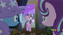 Size: 1008x565 | Tagged: safe, derpibooru import, screencap, starlight glimmer, trixie, twilight sparkle, twilight sparkle (alicorn), alicorn, pony, no second prances, clothes, counterparts, discovery family logo, female, magical trio, mare, torn clothes, twilight's counterparts