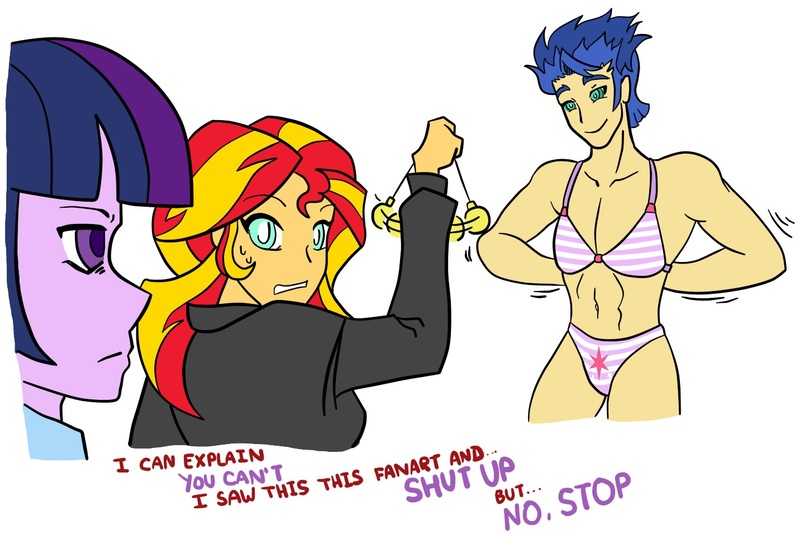 Size: 1432x956 | Tagged: questionable, artist:urusee584, derpibooru import, flash sentry, sunset shimmer, twilight sparkle, equestria girls, abs, bara, bara tiddies, belly button, bra, clothes, comic, crossdressing, crotch bulge, cutie mark underwear, female, femdom, feminization, flashimmer, forced feminization, girly sentry, humanized, hypnosis, image, jpeg, male, panties, pendulum, pendulum swing, ripped, shipping, straight, striped underwear, stupid sexy flash sentry, sub sentry, sweat, trap sentry, underwear, undressing, wat