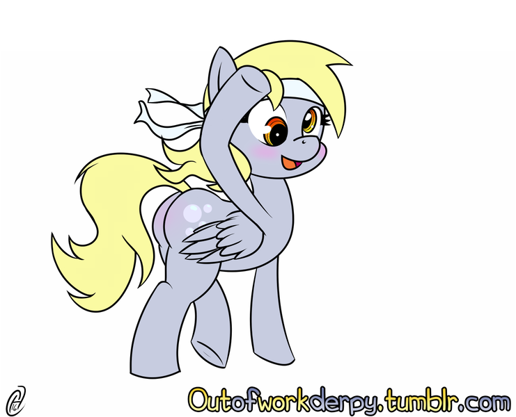 Size: 1280x1037 | Tagged: suggestive, artist:outofworkderpy, derpibooru import, derpy hooves, pegasus, pony, adorasexy, blushing, bubble butt, butt blush, cute, derpabetes, female, headband, mare, plot, presenting, raised tail, salute, sexy, simple background, solo, solo female, white background