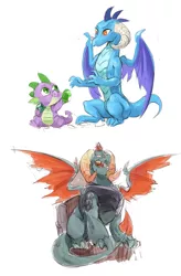 Size: 1263x1920 | Tagged: artist:audrarius, derpibooru import, dragon, dragon lord torch, female, gauntlet of fire, male, open mouth, princess ember, safe, simple background, spike, white background