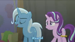 Size: 1366x768 | Tagged: safe, derpibooru import, screencap, starlight glimmer, trixie, pony, unicorn, no second prances, discovery family logo, female, mare, spanish, subtitles