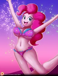 Size: 1275x1650 | Tagged: suggestive, artist:zelc-face, derpibooru import, pinkie pie, human, equestria girls, alternative cutie mark placement, belly button, big breasts, bikini, breasts, busty pinkie pie, clothes, crotchmark, female, heart eyes, solo, swimsuit, wingding eyes