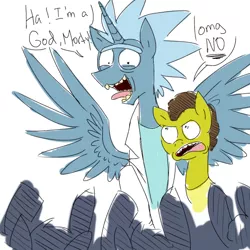 Size: 540x540 | Tagged: artist needed, safe, derpibooru import, ponified, alicorn, earth pony, pony, 4chan, alicornified, angry, apotheosis, bowing, deified alicorn, dialogue, male alicorn, morty smith, race swap, rick and morty, rick sanchez, sketch, worship