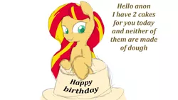 Size: 1920x1080 | Tagged: suggestive, derpibooru import, sunset shimmer, pony, equestria girls, birthday, birthday cake, cake, drawfag, drawthread, food, pop out cake, sunset shimmer dressing up as food