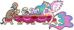 Size: 924x380 | Tagged: safe, artist:mrponiator, derpibooru import, cranky doodle donkey, derpy hooves, princess celestia, bird, donkey, pegasus, pony, no second prances, season 6, :t, animated, annoyed, bored, donald chirp, eating, female, food, frown, ice sculpture, mare, muffin, open mouth, pixel art, scene interpretation, simple background, sitting, smiling, spread wings, table, transparent background, unamused