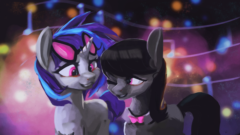 Size: 1920x1080 | Tagged: dead source, safe, artist:hierozaki, derpibooru import, octavia melody, vinyl scratch, earth pony, pony, unicorn, bowtie, duo, female, looking at each other, mare, one eye closed, smiling, sunglasses, wink