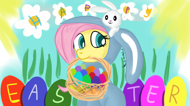 Size: 1280x720 | Tagged: angel bunny, artist:jbond, clothes, costume, derpibooru import, easter, easter basket, easter bunny, easter egg, fluttershy, rabbit, safe, text