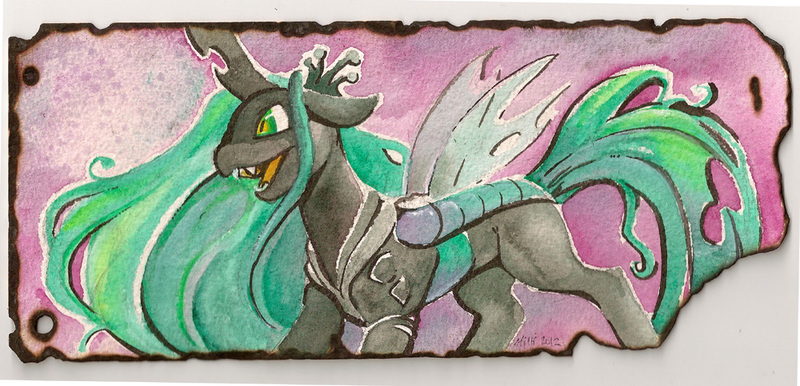 Size: 1000x483 | Tagged: artist:mittymandi, changeling, changeling queen, derpibooru import, female, queen chrysalis, safe, solo