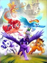 Size: 539x719 | Tagged: safe, derpibooru import, official, applejack, fluttershy, pinkie pie, rainbow dash, rarity, spike, twilight sparkle, twilight sparkle (alicorn), alicorn, dragon, earth pony, pegasus, pony, my little pony: the movie, canterlot, concept art, female, hasbro, mane seven, mane six, mare, poster, promo