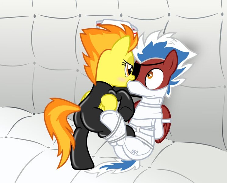 Size: 996x802 | Tagged: questionable, artist:nxzc88, derpibooru import, spitfire, oc, oc:thunderstreak, pegasus, pony, arm behind back, asylum, bedroom eyes, blushing, bondage, bound wings, canon x oc, eyepatch, female, femdom, gag, hat, institutionalized, latex, latex suit, male, malesub, muzzle gag, nurse hat, padded cell, shipping, show accurate, show accurate porn, straight, straitjacket, stupid sexy spitfire, submissive