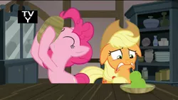 Size: 1920x1080 | Tagged: applejack, derpibooru import, do not want, edit, edited screencap, floppy ears, food, hearthbreakers, hilarious in hindsight, pear, pie family home, pinkie pie, rock soup, safe, screencap, soup, that pony sure does hate pears