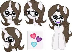 Size: 1046x763 | Tagged: artist:nxzc88, bedroom eyes, bit gag, collar, cutie mark, derpibooru import, gag, glasses, heart, horn ring, magic suppression, oc, oc:pyrisa miracles, pet, pet tag, self insert, show accurate, simple background, solo, suggestive, transparent background, unofficial characters only