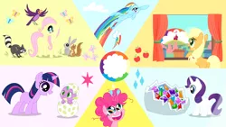Size: 7680x4320 | Tagged: safe, artist:iknowpony, derpibooru import, applejack, fluttershy, pinkie pie, rainbow dash, rarity, spike, twilight sparkle, bird, butterfly, dragon, insect, pegasus, pony, rabbit, raccoon, squirrel, unicorn, the cutie re-mark, .svg available, absurd resolution, animal, blank flank, cloud, cutie mark, egg, female, filly, foal, gem, gritted teeth, hooves, horn, mane six, open mouth, slide, vector, wings