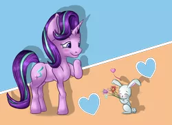 Size: 2749x1991 | Tagged: angel bunny, artist:itresad, blushing, dead source, derpibooru import, eyes closed, female, heart, love, male, no second prances, offering, rabbit, raised hoof, safe, scene interpretation, shipping, starbunny, starlight glimmer, straight