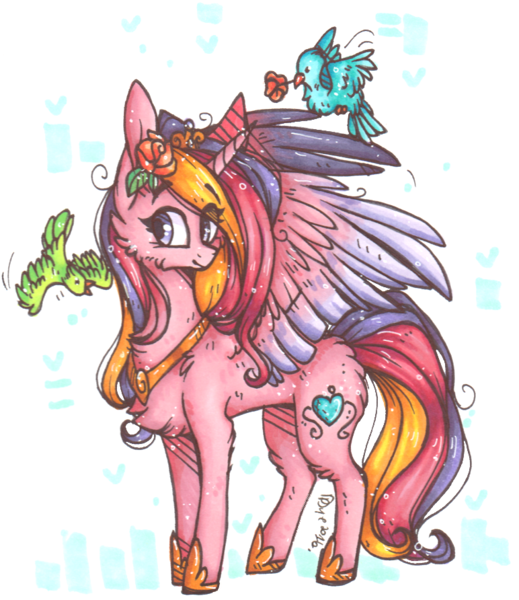 Size: 772x892 | Tagged: artist:tenebristayga, bird, chest fluff, derpibooru import, flower, flower in hair, fluffy, princess cadance, safe, simple background, solo, spread wings, traditional art, transparent background