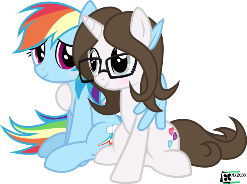 Size: 1280x950 | Tagged: safe, artist:nxzc88, derpibooru import, rainbow dash, oc, oc:pyrisa miracles, blushing, canon x oc, feather, female, glasses, hug, lesbian, shipping, show accurate, simple background, transparent background, vector, winghug