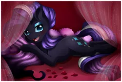 Size: 3050x2050 | Tagged: artist:pillonchou, bed, bedroom, bedroom eyes, derpibooru import, female, idw, looking at you, nightmare rarity, official comic, open mouth, rose petals, solo, solo female, suggestive