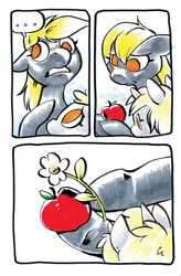 Size: 657x1000 | Tagged: safe, artist:mittymandi, derpibooru import, derpy hooves, dinky hooves, pegasus, pony, comic:derpyquest, ..., 24-hour comic day, apple, comic, female, flower, food, mare, mother and daughter
