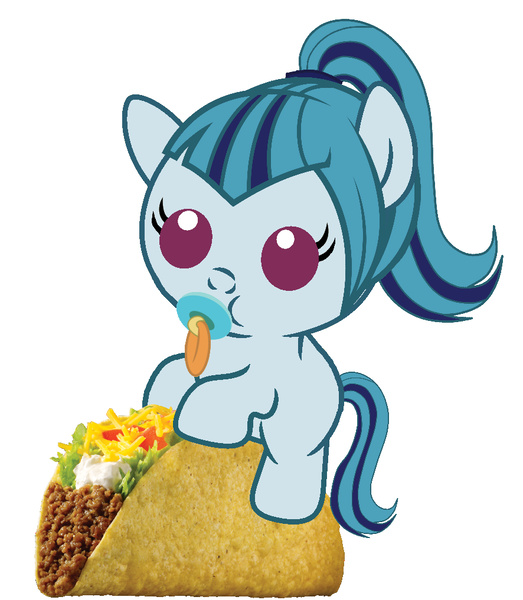 Size: 886x1017 | Tagged: safe, artist:red4567, derpibooru import, sonata dusk, ponified, pony, equestria girls, rainbow rocks, baby, baby pony, cute, equestria girls ponified, food, pacifier, ponies riding food, riding, solo, sonatabetes, sonataco, taco, taco tuesday, that pony sure does love tacos, weapons-grade cute