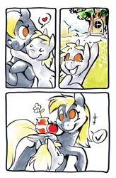 Size: 657x1000 | Tagged: safe, artist:mittymandi, derpibooru import, derpy hooves, dinky hooves, pegasus, pony, comic:derpyquest, 24-hour comic day, apple, comic, female, flower, food, golden oaks library, heart, hug, mare, mother and daughter