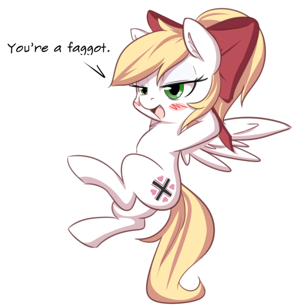 Size: 2086x2086 | Tagged: safe, artist:randy, derpibooru import, oc, oc:kyrie, unofficial characters only, pegasus, pony, aryan, aryan pony, balkenkreuz, blonde, blushing, bow, chest fluff, ear fluff, faggot, female, floating, hair bow, heart, lidded eyes, nazipone, ponytail, ur a faget, vulgar