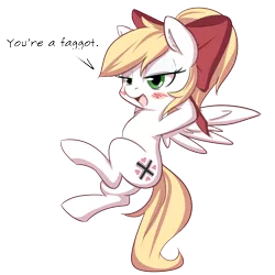 Size: 2086x2086 | Tagged: safe, artist:randy, derpibooru import, oc, oc:kyrie, unofficial characters only, pegasus, pony, aryan, aryan pony, balkenkreuz, blonde, blushing, bow, chest fluff, ear fluff, faggot, female, floating, hair bow, heart, lidded eyes, nazipone, ponytail, ur a faget, vulgar