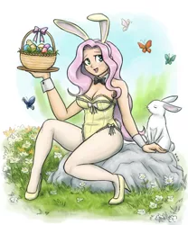 Size: 1250x1500 | Tagged: adorasexy, angel bunny, artist:king-kakapo, art pack:my little sweetheart, art pack:my little sweetheart 5, basket, blushing, bowtie, breasts, bunny ears, bunny girl, bunny suit, butterfly, chick, cleavage, clothes, cute, derpibooru import, easter, easter basket, easter egg, female, flower, fluttershy, grass, high heels, human, humanized, leotard, light skin, looking at you, multiple variants, my little sweetheart, my little sweetheart 5, pantyhose, playboy bunny, rock, sexy, smiling, solo focus, suggestive, tray