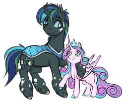 Size: 800x659 | Tagged: artist:scynthias, changeling, derpibooru import, half-siblings, hybrid, interspecies offspring, oc, oc:indomitable heart, offspring, parent:queen chrysalis, parent:shining armor, parents:shining chrysalis, princess flurry heart, safe, simple background, transparent background