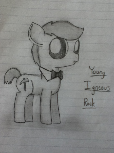 Size: 720x960 | Tagged: dead source, safe, artist:thefanficfanpony, derpibooru import, igneous rock pie, pony, cute, grayscale, lined paper, male, missing accessory, monochrome, open mouth, solo, stallion, traditional art, younger