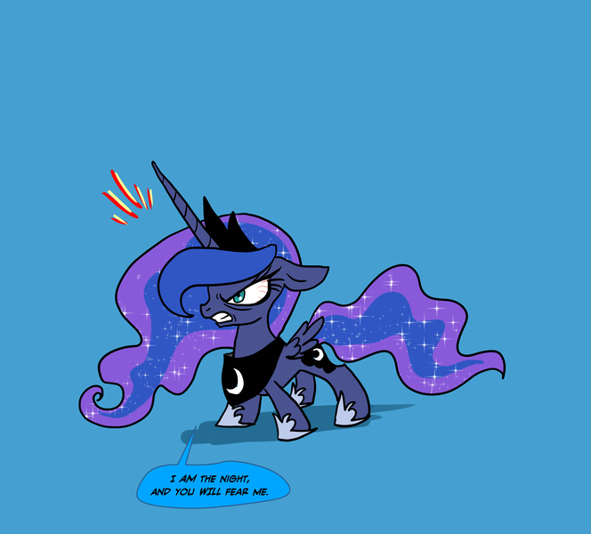 Size: 2415x2181 | Tagged: safe, artist:pencils, derpibooru import, princess luna, alicorn, pony, angry, bloodshot eyes, dialogue, floppy ears, frown, glare, gritted teeth, i am the night, simple background, solo, spread wings, tiny, wings