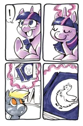 Size: 657x1000 | Tagged: safe, artist:mittymandi, derpibooru import, derpy hooves, twilight sparkle, chicken, pegasus, pony, comic:derpyquest, 24-hour comic day, book, comic, female, mare