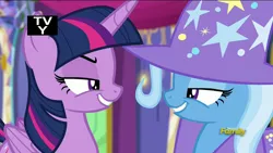 Size: 1280x720 | Tagged: safe, derpibooru import, edit, screencap, trixie, twilight sparkle, twilight sparkle (alicorn), alicorn, pony, no second prances, counterparts, discovery family logo, fake smile, female, mare, stare down, twilight's counterparts