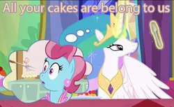 Size: 617x378 | Tagged: cup cake, derpibooru import, edit, exploitable meme, forklestia, fork of horripilation, meme, no second prances, princess celestia, safe