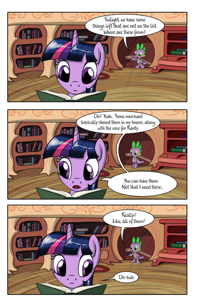 Size: 1750x2700 | Tagged: safe, artist:sirzi, artist:true line translators, derpibooru import, spike, twilight sparkle, twilight sparkle (alicorn), alicorn, dragon, pony, comic:talisman for a pony, book, bookshelf, comic, crossover, female, golden oaks library, jackie chan adventures, mare, translation