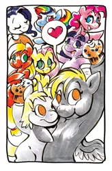Size: 657x1000 | Tagged: safe, artist:mittymandi, derpibooru import, applejack, derpy hooves, dinky hooves, fluttershy, pinkie pie, rainbow dash, rarity, twilight sparkle, pegasus, pony, comic:derpyquest, 24-hour comic day, female, food, heart, hug, mane six, mare, mother and daughter, muffin
