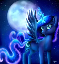 Size: 1222x1331 | Tagged: safe, artist:canelamoon, derpibooru import, princess luna, magic, moon, moonrise, night, solo, spread wings, stars