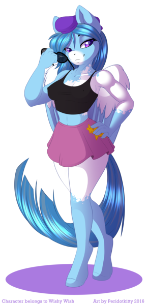 Size: 950x1962 | Tagged: anthro, artist:peridotkitty, cap, clothes, derpibooru import, female, grin, hat, hooves, mare, oc, oc:wish, pegasus, purple eyes, safe, short skirt, skirt, solo, stars, sunglasses, tanktop, unguligrade anthro, unofficial characters only, wings