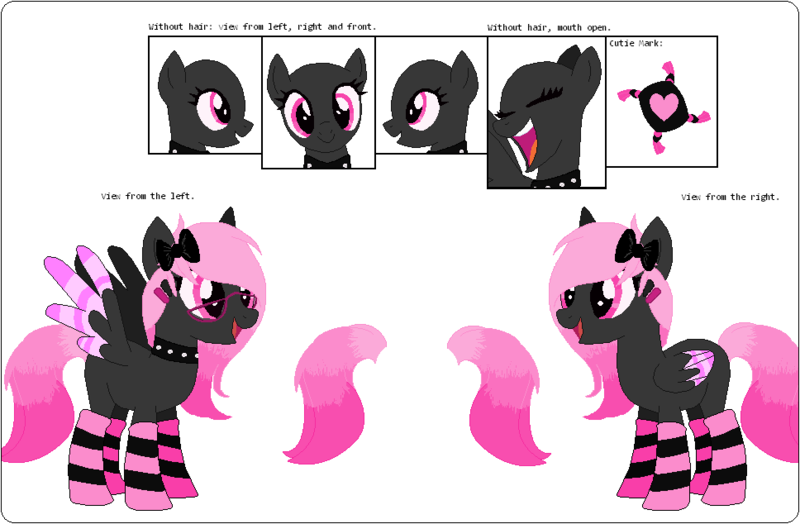 Size: 968x634 | Tagged: safe, artist:wyrdaagaeti, derpibooru import, oc, oc:velvet kisses, unofficial characters only, pegasus, pony, bow, choker, clothes, cutie mark, eyes closed, female, glasses, hair bow, mare, open mouth, reference sheet, simple background, smiling, socks, solo, spiked choker, spread wings, striped socks, white background