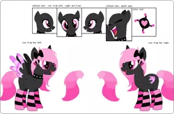 Size: 968x634 | Tagged: safe, artist:wyrdaagaeti, derpibooru import, oc, oc:velvet kisses, unofficial characters only, pegasus, pony, bow, choker, clothes, cutie mark, eyes closed, female, glasses, hair bow, mare, open mouth, reference sheet, simple background, smiling, socks, solo, spiked choker, spread wings, striped socks, white background