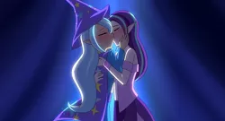 Size: 1280x691 | Tagged: safe, artist:jonfawkes, derpibooru import, starlight glimmer, trixie, human, no second prances, blushing, elf ears, eyes closed, female, humanized, kissing, lesbian, shipping, startrix, unicorns as elves