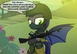 Size: 3507x2481 | Tagged: safe, artist:pananovich, derpibooru import, oc, oc:frostbite, unofficial characters only, bat pony, pony, ak-74m, apple tree, assault rifle, balaclava, bipedal, body armor, bush, day, female, flower, gun, helmet, hill, mare, military, rifle, solo, speech bubble, tree, weapon, wisdom, you see ivan